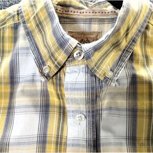 Preppy Plaid Cotton Shirt Men's L Button Down Collar Long Sleeve Yellow Grey